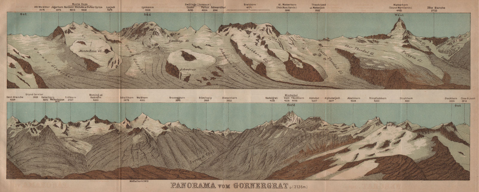 GORNERGRAT PANORAMA. Zermatt Monte Rosa Breithorn Matterhorn Mischabel 1905 map
